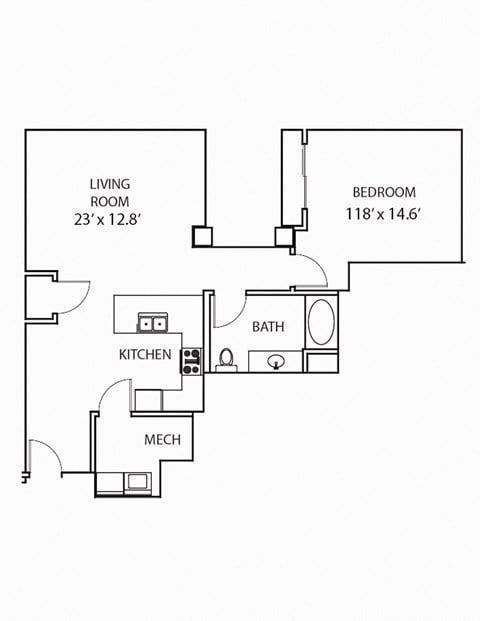 Floor plan for 1 bed, 1 bath, 990 sqft